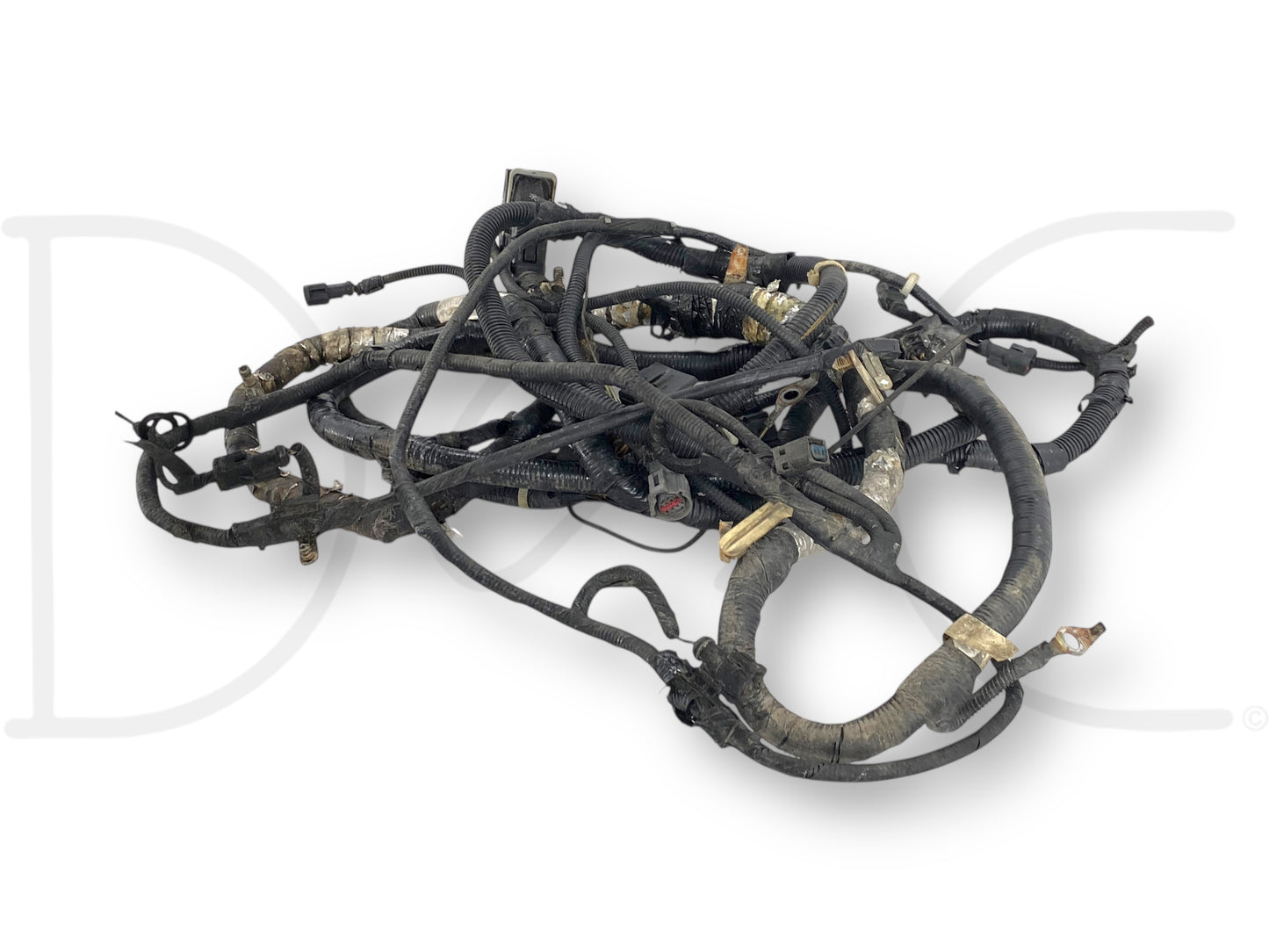 08-10 Ford F250 F350 6.4 Diesel 142" WB Frame Chassis Wiring Harness *Blem* showing used wiring harness with spliced pigtails and heat damage on engine bay plug case, compatible with 2008-2010 Ford Super Duty trucks including F-250, F-350, F-450, and F-550 models.