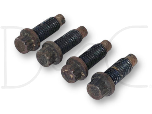 99-10 Ford Super Duty F250 F350 Driveshaft To Flange Bolts OEM Bolt Set (4) shown with light wear, used condition. Four black threaded bolts with rust spots on heads and tips, designed for fitment on 1999-2010 Ford Super Duty trucks including F-250, F-350, F-450, and F-550 models.