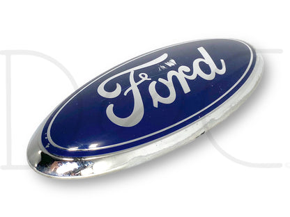 08-16 Ford F250 F350 Rear Tailgate Emblem Logo Blue Oval Badge 9" OEM *Blem* showing a used blue oval Ford emblem with light wear and scratches, suitable for Ford F-250, F-350, and F-450 trucks from 2011 to 2016, compatible with diesel models.