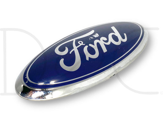 08-16 Ford F250 F350 Rear Tailgate Emblem Logo Blue Oval Badge 9" OEM *Blem* showing a used blue oval Ford emblem with light wear and scratches, suitable for Ford F-250, F-350, and F-450 trucks from 2011 to 2016, compatible with diesel models.