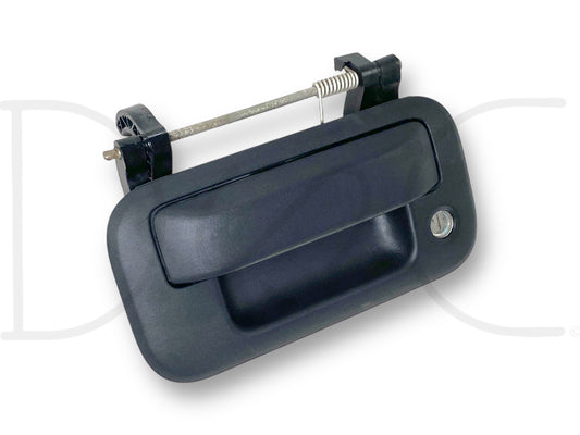 08-16 Ford F150 F250 F350 Super Duty Tailgate Tail Gate Handle in used good condition with light wear, black finish, featuring mounting hardware and spring mechanism, compatible with 2008-2014 Ford F-250, F-350, and F-450 trucks.