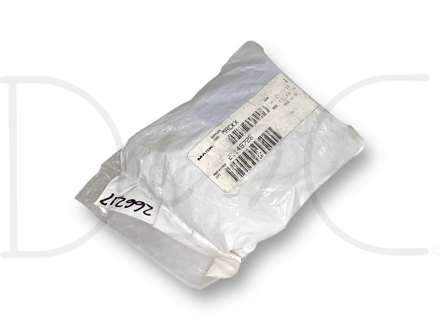Mack 21148728 Def Filler Cap new old stock packaged in a sealed plastic bag with product label showing part number and barcode, suitable for 2009-2013 Mack Granite, Pinnacle, TerraPro, and Titan trucks.