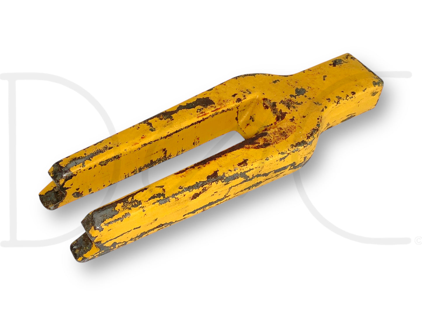 Used Cat 6B-3260 Tooth Remover Scarifier Tool Caterpillar Motor Grader with light wear, painted yellow with visible rust and chipped areas, designed for heavy machinery maintenance and repair applications.