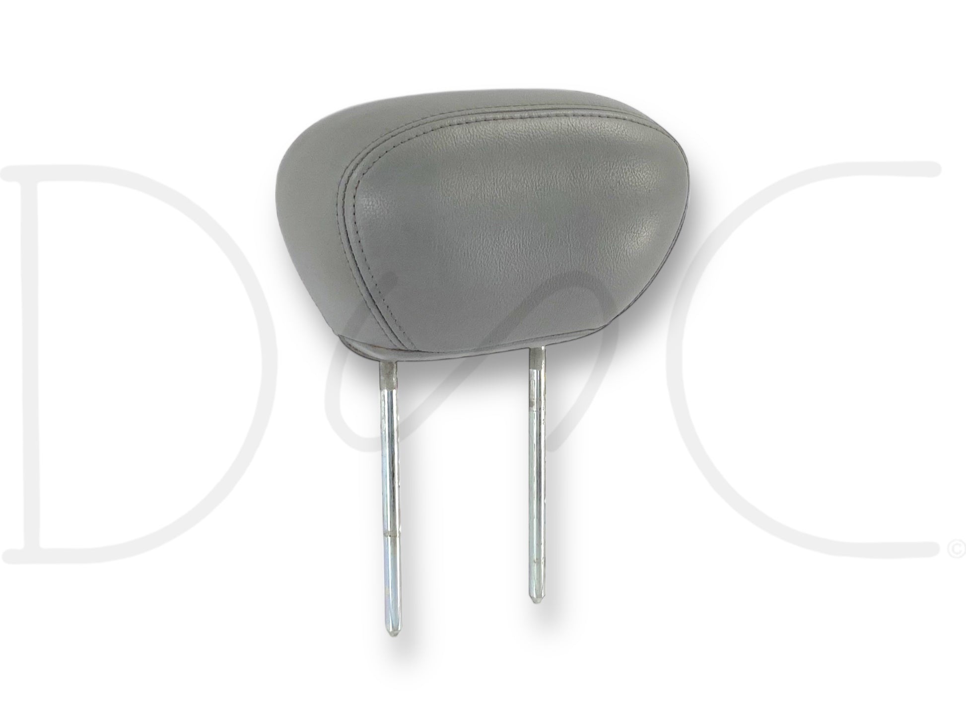 01-07 Ford F250 F350 Super Cab Front Seat Head Rest Headrest Gray Leather OE, used condition with light wear, compatible with 2001-2007 Ford Super Duty trucks including models with 6.0L Powerstroke engines, featuring gray leather upholstery and metal support rods.
