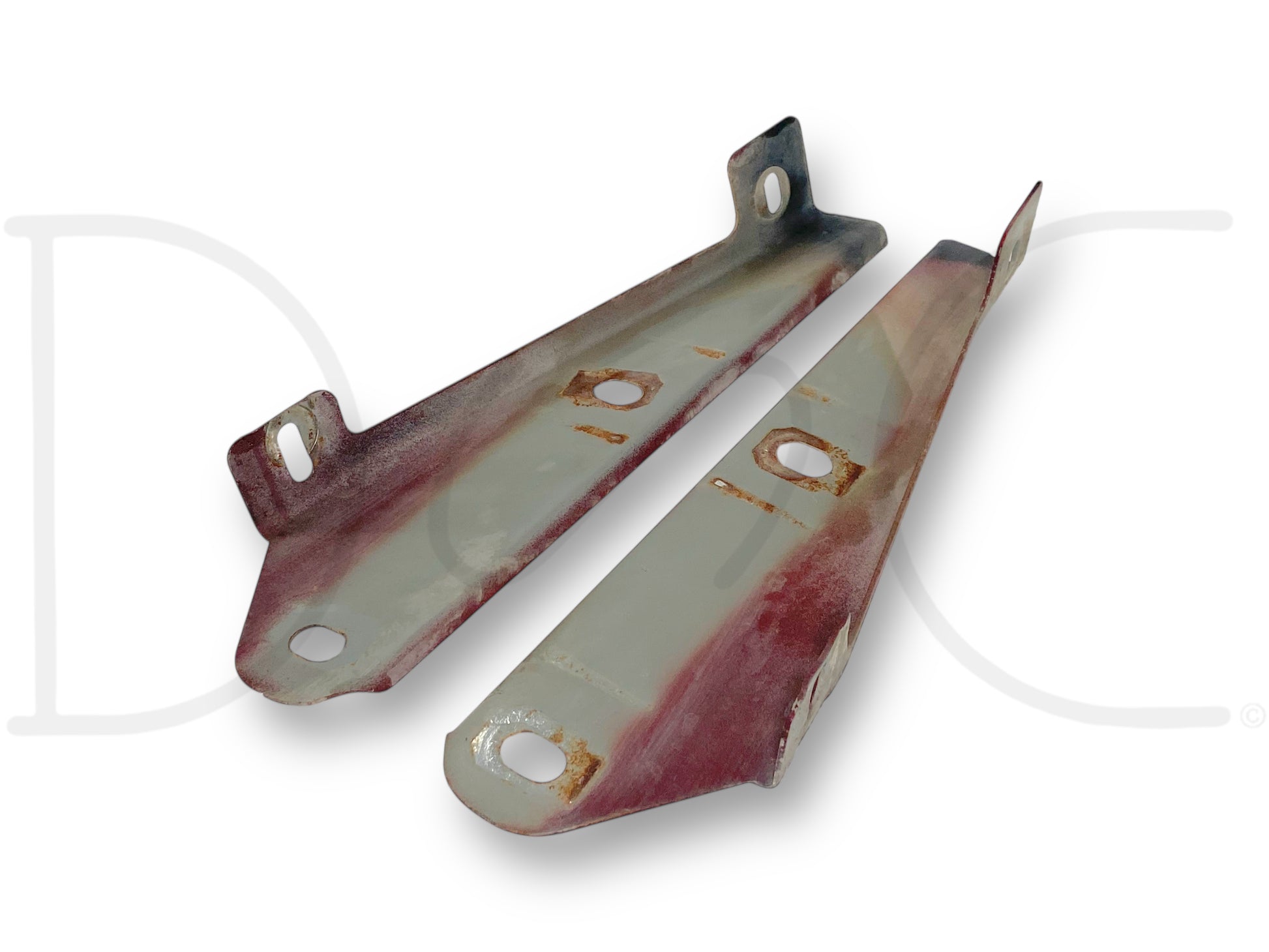 99-07 Ford F250 F350 Header Panel Bracket Set OE Mounts Pair RH Right LH Left, used with light wear, removed from 2004 Ford F-350 Lariat 6.0 Diesel, compatible with 1999-2007 F-250, F-350, F-450, F-550 Super Duty trucks, showing metal brackets with mounting holes and original mounting points.