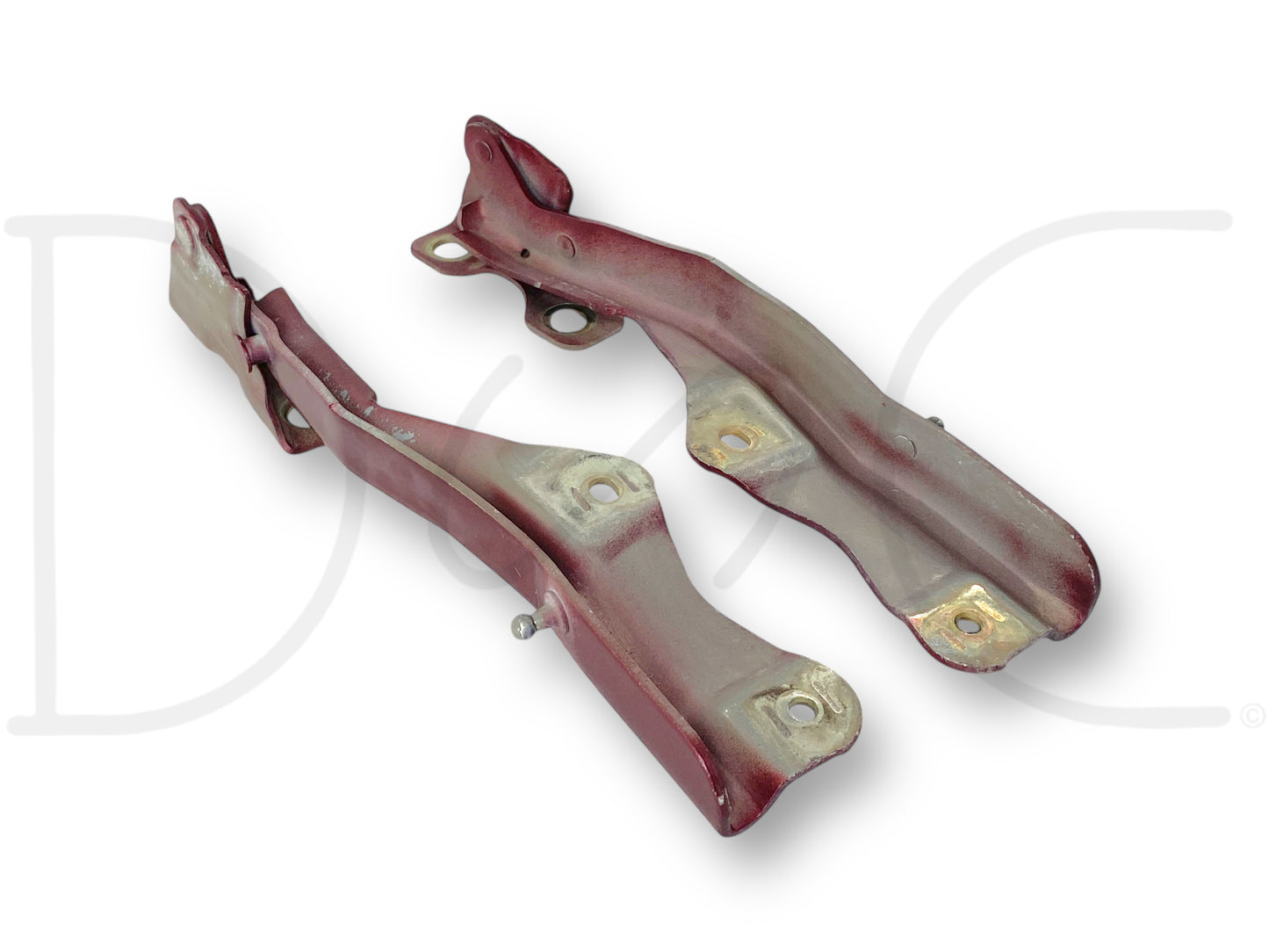 99-07 Ford F250 F350 Super Duty Hood Hinge Set Red Hood Hinges OE RH LH Pair, used condition with light wear, compatible with 1999-2007 Ford F-250, F-350, F-450, and F-550 trucks, removed from 2004 Ford F-350 Lariat 6.0L diesel model.