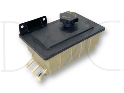 03-04 Ford F250 F350 6.0L Power Steering Fluid Reservoir 3 Port 3C34-3R700-Ae, used condition with light wear, black cap with yellow markings, beige translucent reservoir body, designed for 2003-2004 Ford Super Duty trucks with 6.0L Powerstroke engines.