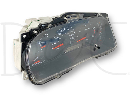03-04 Ford F250 F350 Diesel Instrument Gauge Cluster Speedometer 4C34-10B49-He displaying speedometer, fuel gauge, and engine temperature with clear plastic cover, used condition with light wear, compatible with 2003-2004 Ford Super Duty trucks including F250 and F350 models.