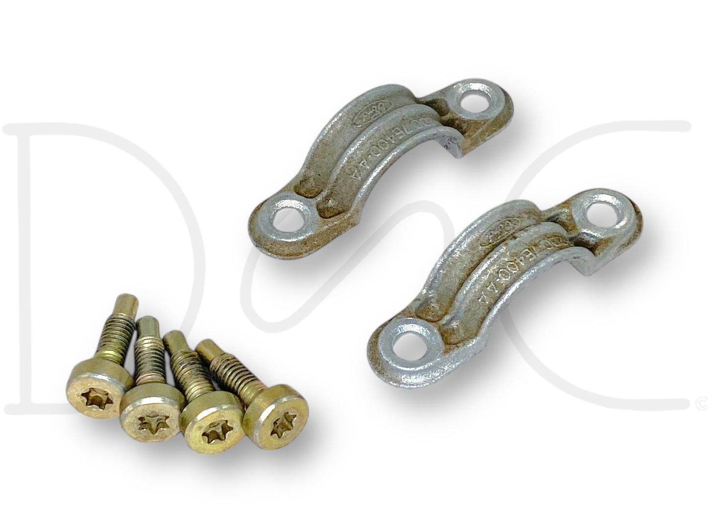 99-07 Ford F250 F350 Super Duty Column Shift Tube Bracket Clamps F2Dc-7E400-Aa used with light wear, includes two metal clamps and four matching bolts, compatible with 1999-2007 F-250, F-350, F-450, and F-550 trucks, suitable for 6.0L Powerstroke models.