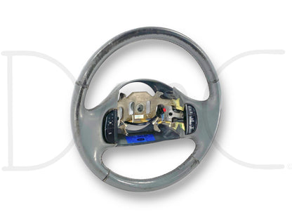 99-04 Ford F250 F350 Lariat Steering Wheel W/ Cruise Control Gray Leather OEM, used with light wear and surface finish worn around edges, compatible with 1999-2004 Ford Super Duty trucks including F250, F350, F450, and F550 models.