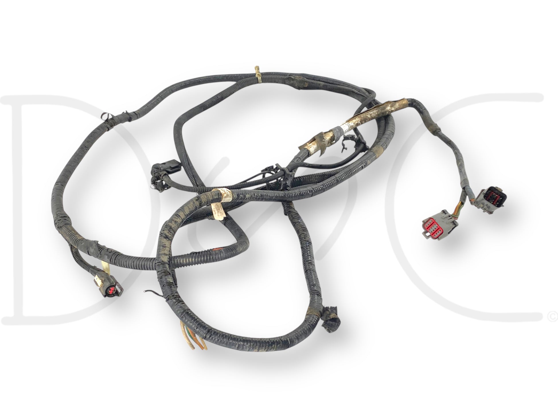 03-04 Ford F250 F350 ECLB Diesel 158" Rear Frame Chassis Wiring Harness *Blem* showing light wear and cut at bed taillight plug, compatible with 2003-2004 Ford F-250 and F-350 trucks, suitable for 6.0L Powerstroke engines, used OEM wiring harness for Super Duty models.