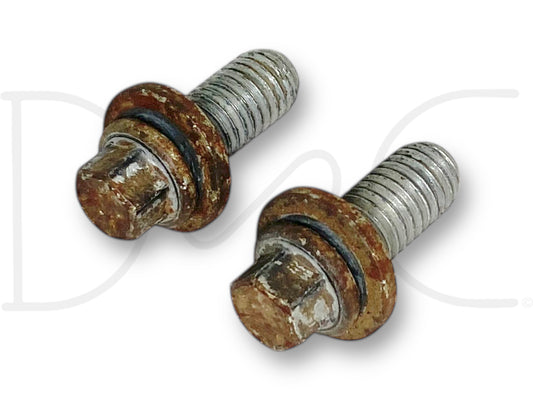 03-10 Ford F250 F350 Super Duty 5R110 Transmission To Trans Mount Bolts Bolt Set showing two used bolts with light wear and surface rust, including washers and rubber seals, designed for Ford 6.0L Powerstroke Super Duty trucks from 2003 to 2010.