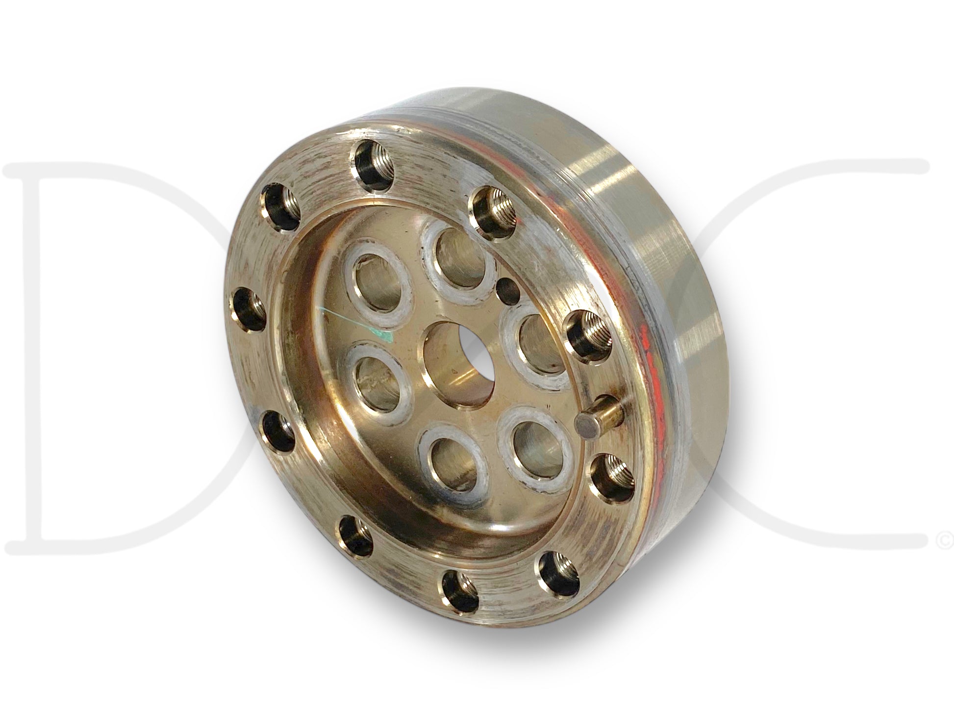 03-10 Ford F250 F350 6.0 6.4 Crank Shaft Spacer Crankshaft Adapter Flange OE made of metal with circular design and multiple bolt holes, compatible with 2003-2010 Ford Super Duty trucks, used condition with light wear, suitable for diesel 6.0L and 6.4L Powerstroke engines.
