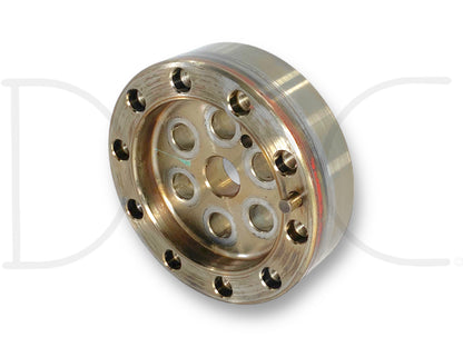 03-10 Ford F250 F350 6.0 6.4 Crank Shaft Spacer Crankshaft Adapter Flange OE made of metal with circular design and multiple bolt holes, compatible with 2003-2010 Ford Super Duty trucks, used condition with light wear, suitable for diesel 6.0L and 6.4L Powerstroke engines.