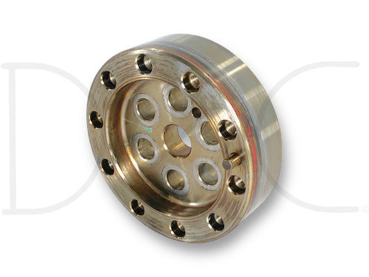03-10 Ford F250 F350 6.0 6.4 Crank Shaft Spacer Crankshaft Adapter Flange OE made of metal with circular design and multiple bolt holes, compatible with 2003-2010 Ford Super Duty trucks, used condition with light wear, suitable for diesel 6.0L and 6.4L Powerstroke engines.