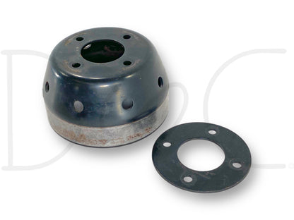 03-07 Ford F250 F350 6.0 6.0L Powerstroke Diesel Water Pump Pulley OE showing used, good condition pulley and accompanying mounting plate, designed for 2003-2007 Ford Super Duty trucks with 6.0L Powerstroke diesel engines.