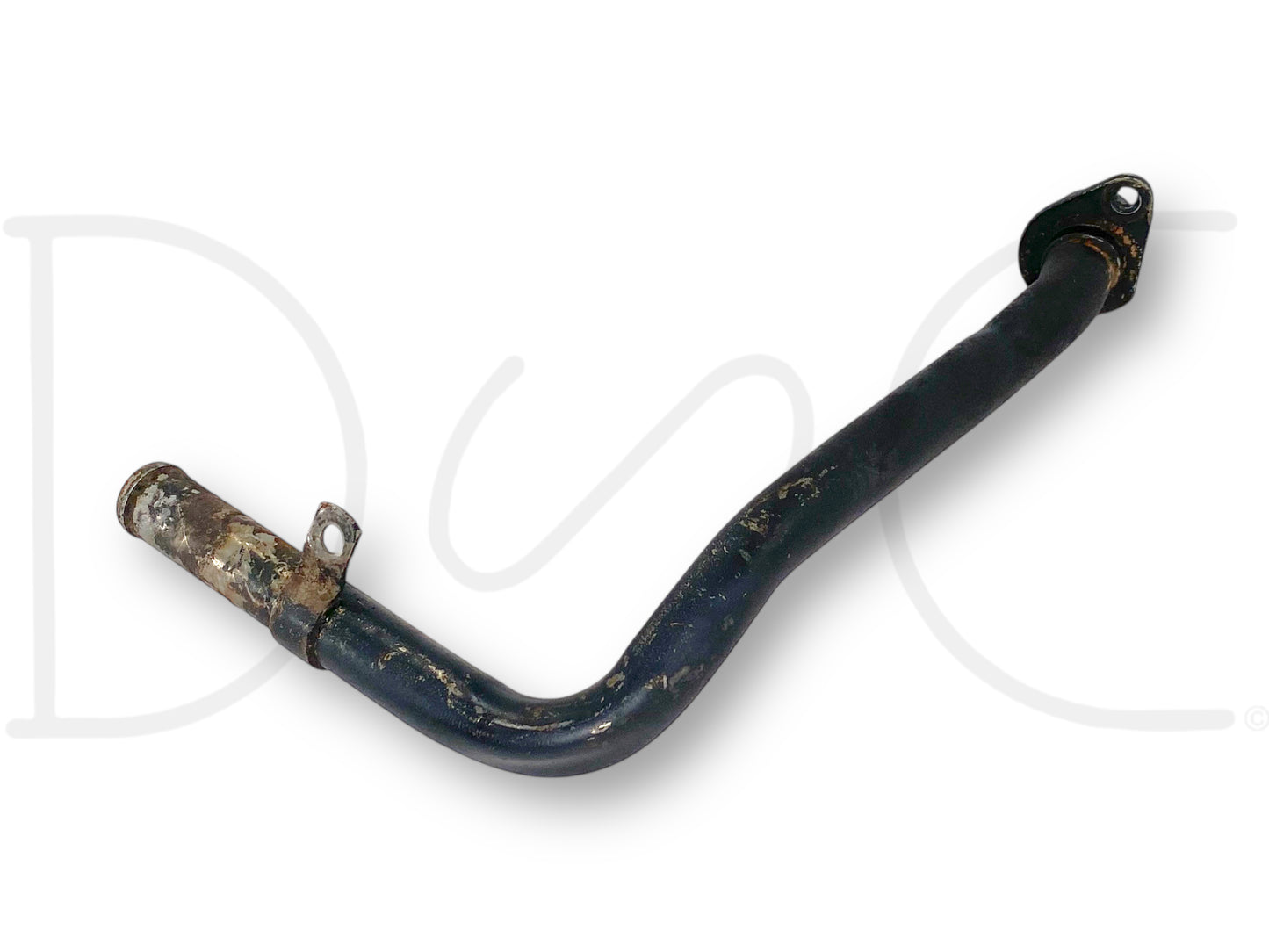 03-07 Ford F250 F350 6.0 6.0L Front Cover Heater Hose Coolant Pipe Elbow Fitting used with light wear and pitting, compatible with 2003-2004 Ford Super Duty models, designed for 6.0 Powerstroke engines, featuring durable metal construction and mounting brackets.