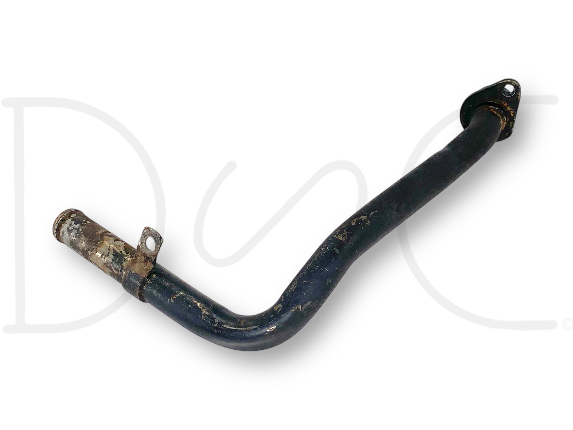 03-07 Ford F250 F350 6.0 6.0L Front Cover Heater Hose Coolant Pipe Elbow Fitting used with light wear and pitting, compatible with 2003-2004 Ford Super Duty models, designed for 6.0 Powerstroke engines, featuring durable metal construction and mounting brackets.