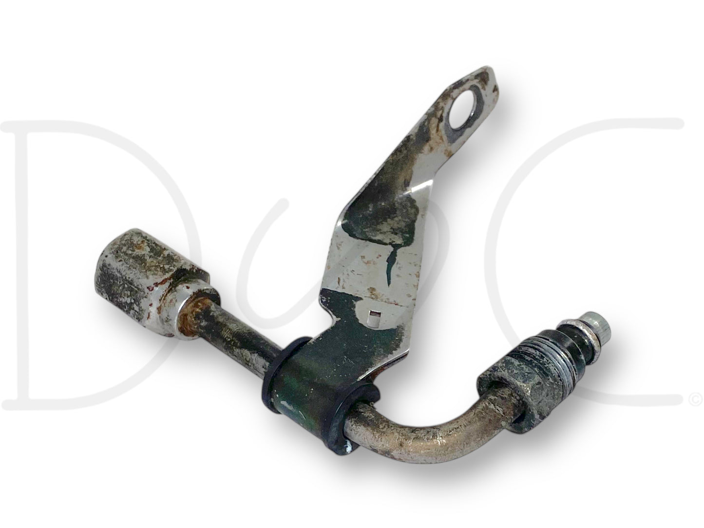 99-04 Ford F250 F350 RH Right Hydrboost Line Elbow Hose Adapter OEM, used with light wear, compatible with 6.0L Powerstroke engines, featuring a bent metal line with mounting bracket and fittings, suitable for 1999-2004 Ford F-250 F-350 F-450 F-550 trucks.