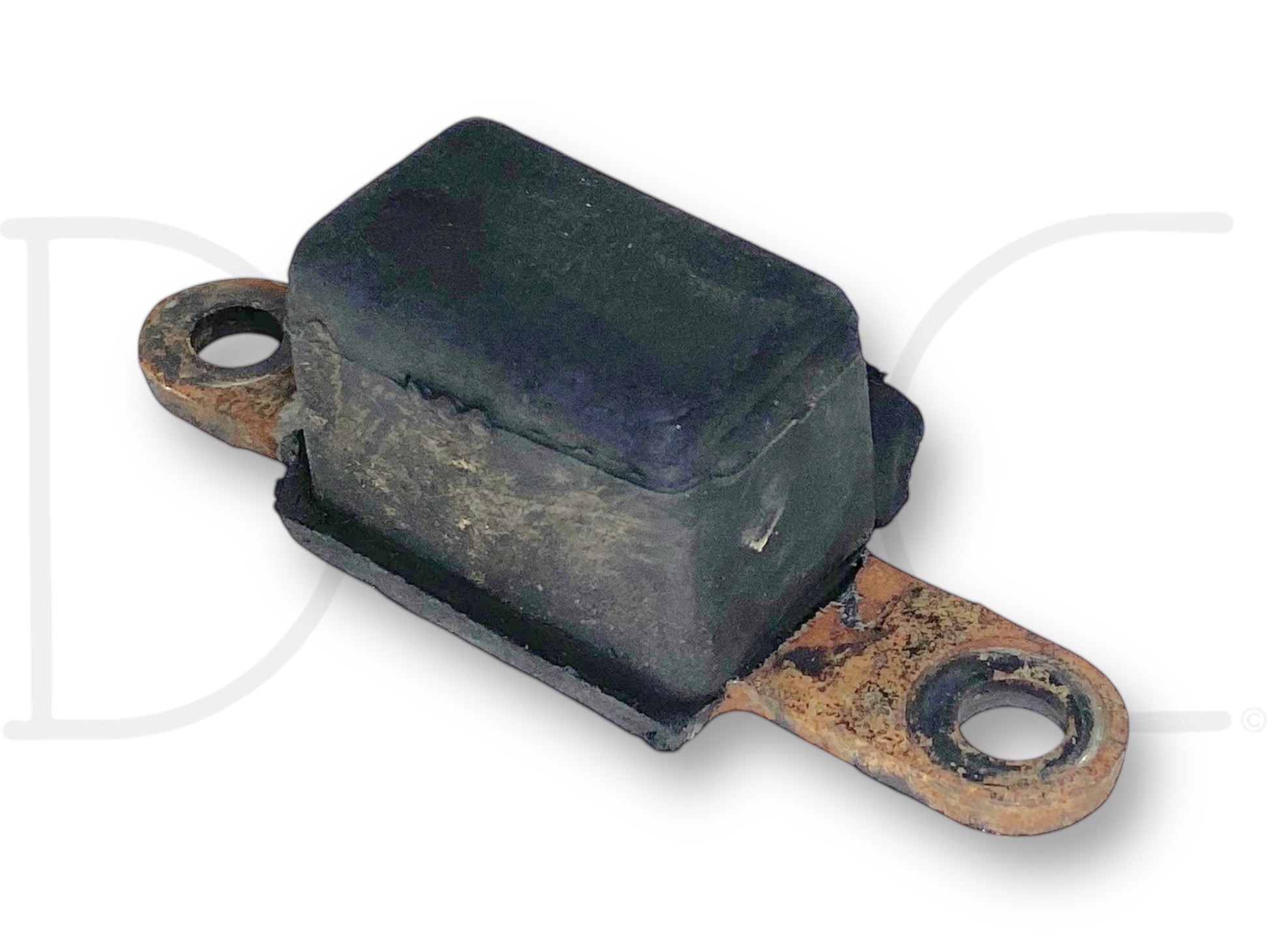 Used 99-04 Ford F250 F350 4X4 4WD Front Axle Rubber Bump Stop Overload Pad OE with light wear, featuring a black rubber block mounted on rusted metal base with mounting holes, compatible with Ford Super Duty trucks including 6.0 Powerstroke models.