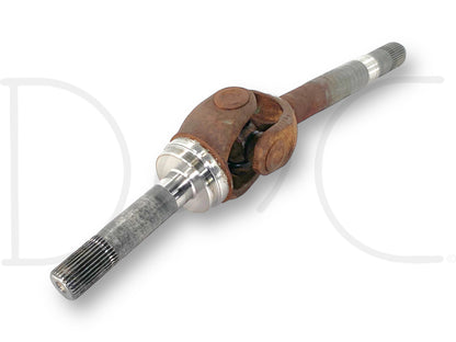 99-04 Ford F250 F350 4X4 DANA 60 Front Axle Shaft LH Left Driver 35 Spline OE, used with light wear, featuring a rusted universal joint and splined ends, compatible with 1999-2004 Ford Super Duty trucks including 6.0L Powerstroke models.
