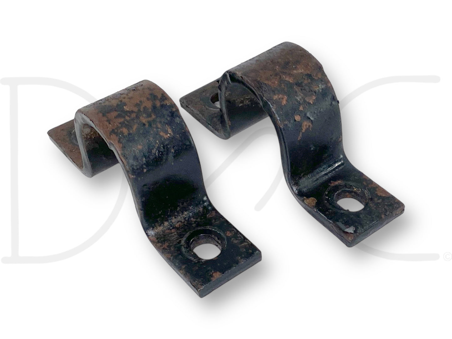99-10 Ford F350 DRW Rear Axle Stabilizer Sway Bar Mount Brackets OE Bracket Set, used condition with light wear, black metal mounting brackets removed from a 2004 Ford F-350 Lariat 6.0 Diesel truck, designed for 1999-2010 Ford F-350 models.