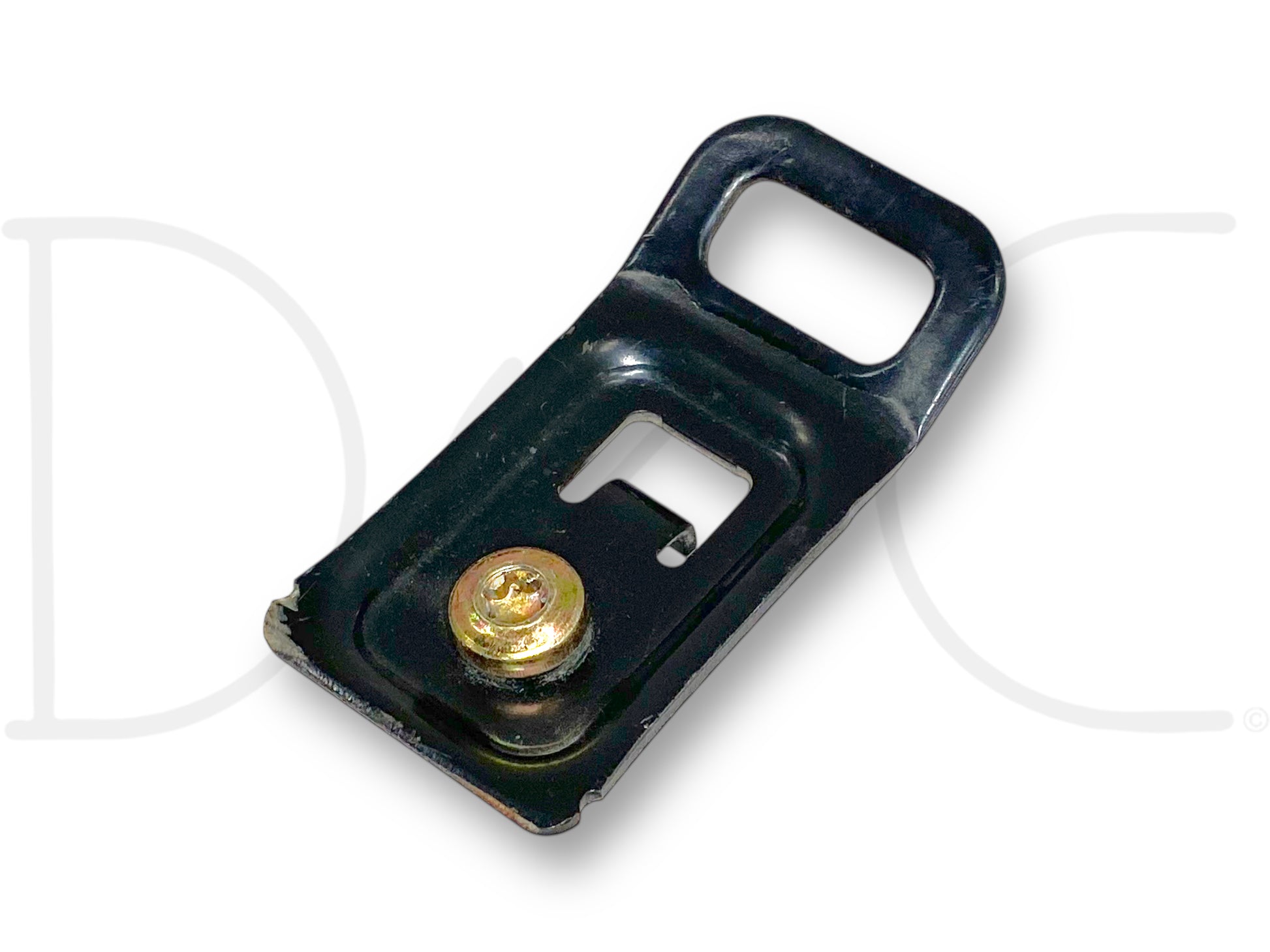 00-07 Ford F250 F350 Rear Cab Wall Car Seat Hook Bracket Child Restraint Anchor, used condition with light wear, black metal bracket featuring a gold-toned screw, compatible with 1999-2007 Ford F-250, F-350, F-450, and F-550 Super Duty trucks, designed for secure child restraint installation.