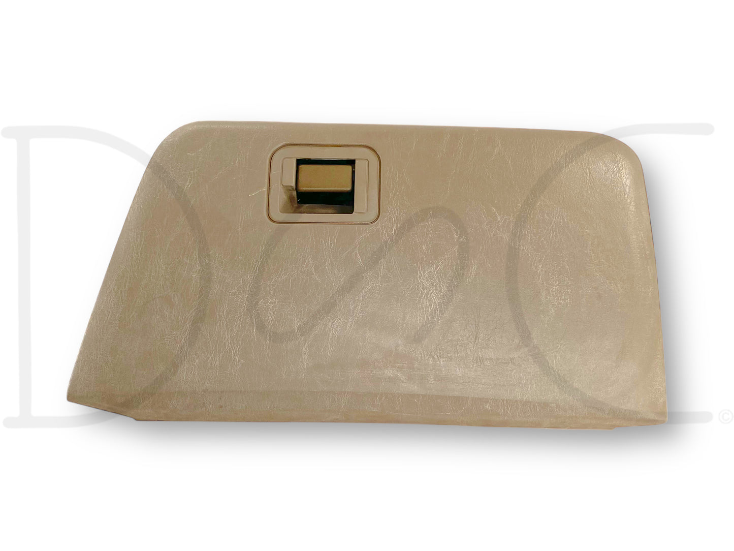 03-07 Ford F250 F350 Super Duty Tan Glove Box Storage Compartment in used good condition with light wear, compatible with 2003-2007 Ford F250, F350, F450, and F550 models, featuring a tan finish and a rectangular latch handle.
