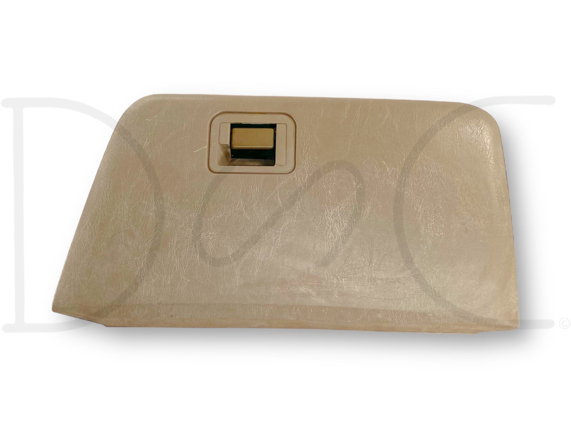 03-07 Ford F250 F350 Super Duty Tan Glove Box Storage Compartment in used good condition with light wear, compatible with 2003-2007 Ford F250, F350, F450, and F550 models, featuring a tan finish and a rectangular latch handle.
