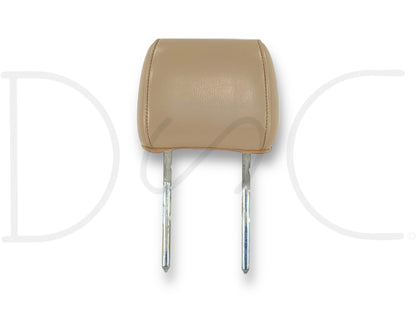 03-10 Ford F250 F350 Crew Cab Rear Seat Head Rest Headrest Tan Leather OE, used with light wear, compatible with 2003-2010 Ford F-250 F-350 trucks, featuring tan leather upholstery and metal mounting rods for secure installation.