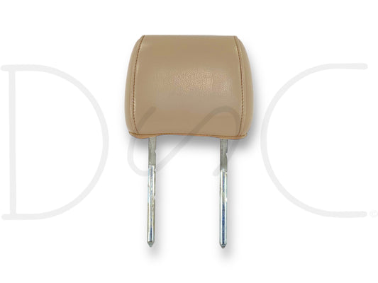 03-10 Ford F250 F350 Crew Cab Rear Seat Head Rest Headrest Tan Leather OE, used with light wear, compatible with 2003-2010 Ford F-250 F-350 trucks, featuring tan leather upholstery and metal mounting rods for secure installation.