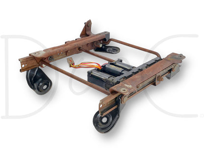 99-07 Ford F250 F350 LH Left Driver Seat Track Base Frame Power Motors OE, used with light wear, showing metal frame with integrated power motors and wiring harness, compatible with Ford Super Duty trucks 1999-2007 including 6.0L Powerstroke models.