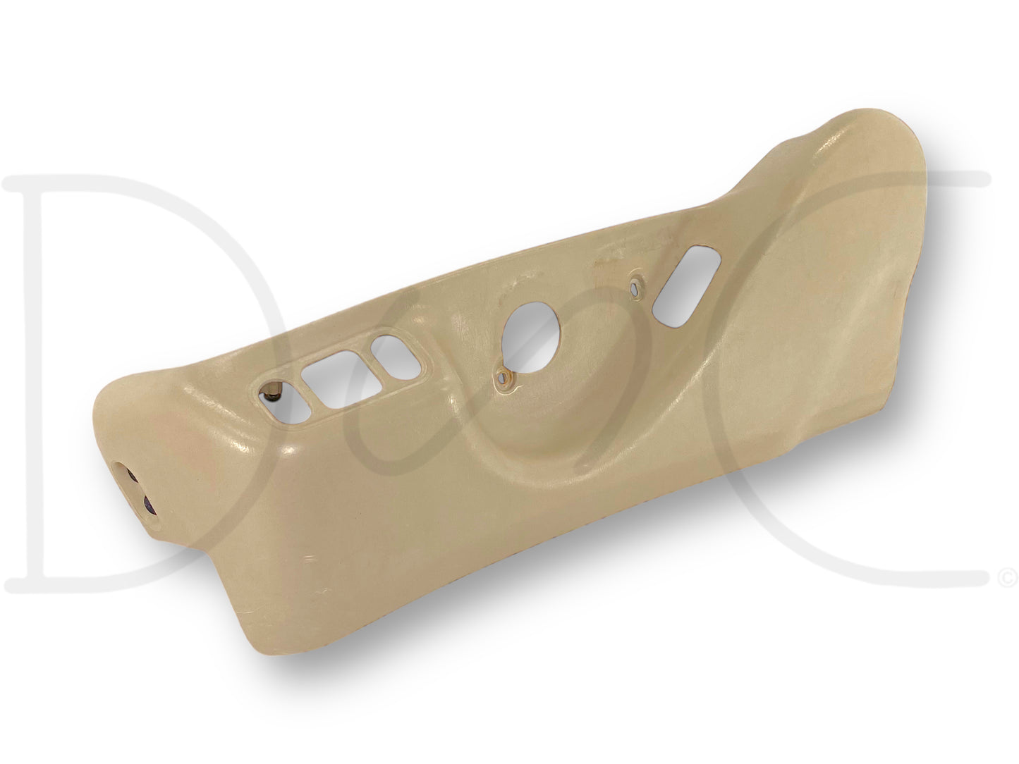 99-07 Ford F250 F350 LH Left Driver Power Seat Side Trim Switch Bezel Tan *Blem* with light wear, small crack near center mounting hole, compatible with 1999-2007 Ford F-250, F-350, F-450, F-550 trucks, suitable for 6.0L Powerstroke models.