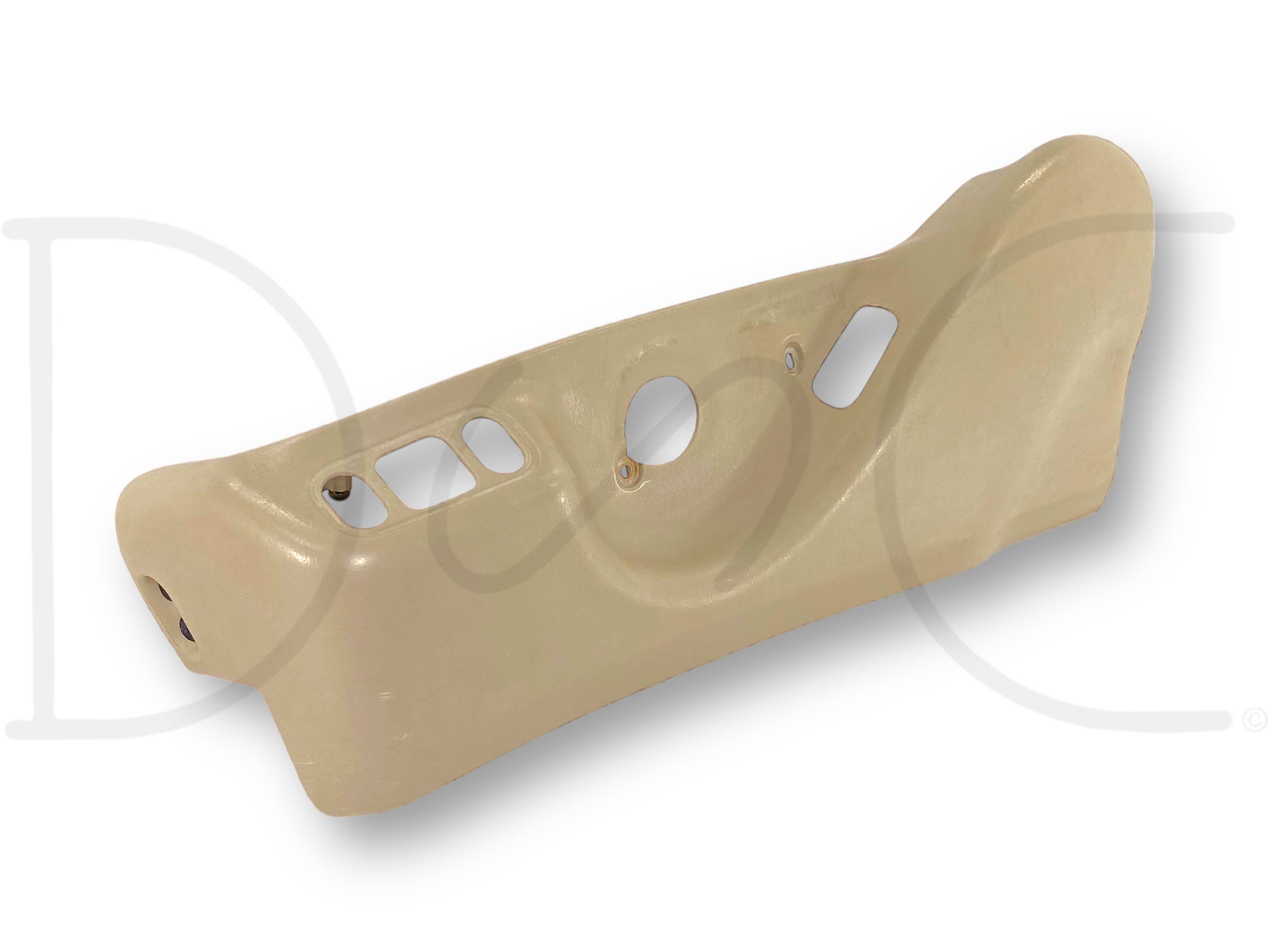 99-07 Ford F250 F350 LH Left Driver Power Seat Side Trim Switch Bezel Tan *Blem* with light wear, small crack near center mounting hole, compatible with 1999-2007 Ford F-250, F-350, F-450, F-550 trucks, suitable for 6.0L Powerstroke models.