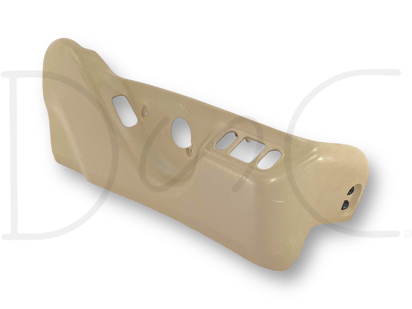 99-07 Ford F250 F350 RH Right Passenger Power Seat Side Trim Bezel OE Tan, used condition with light wear and scratches, compatible with 1999-2007 Ford F-250, F-350, F-450, and F-550 trucks including 6.0L Powerstroke models, genuine OE tan plastic trim piece.