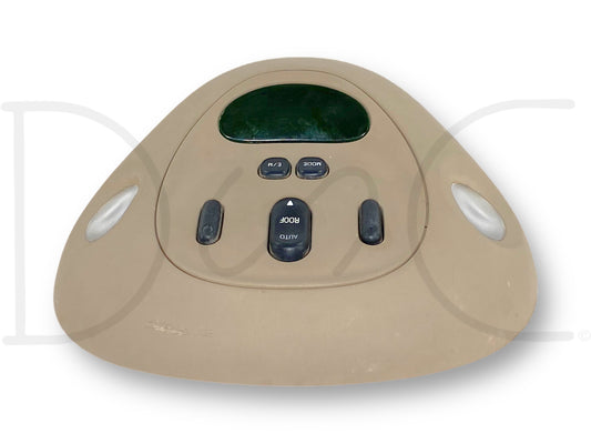 03-04 Ford F250 F350 Sunroof Switch Overhead Console OE Sun Roof *Blem* in tan with integrated buttons for sunroof control, used condition with scratches on console housing and a non-functioning trip computer display, compatible with 2003-2004 Ford F-250, F-350, F-450, and F-550 trucks.