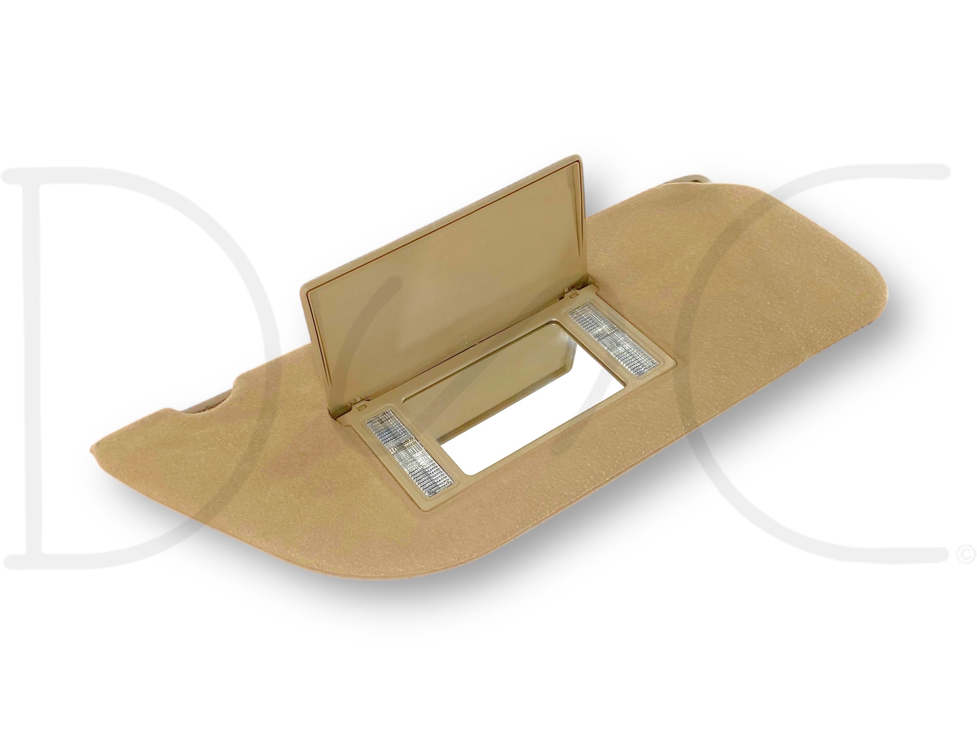 02-07 Ford F250 F350 RH Right Passenger Sun Visor Tan W/ Lighted Mirror OEM, used good condition with light wear, compatible with 2002-2007 Ford F-250, F-350, F-450, F-550 models, featuring tan color and integrated lights around the mirror.
