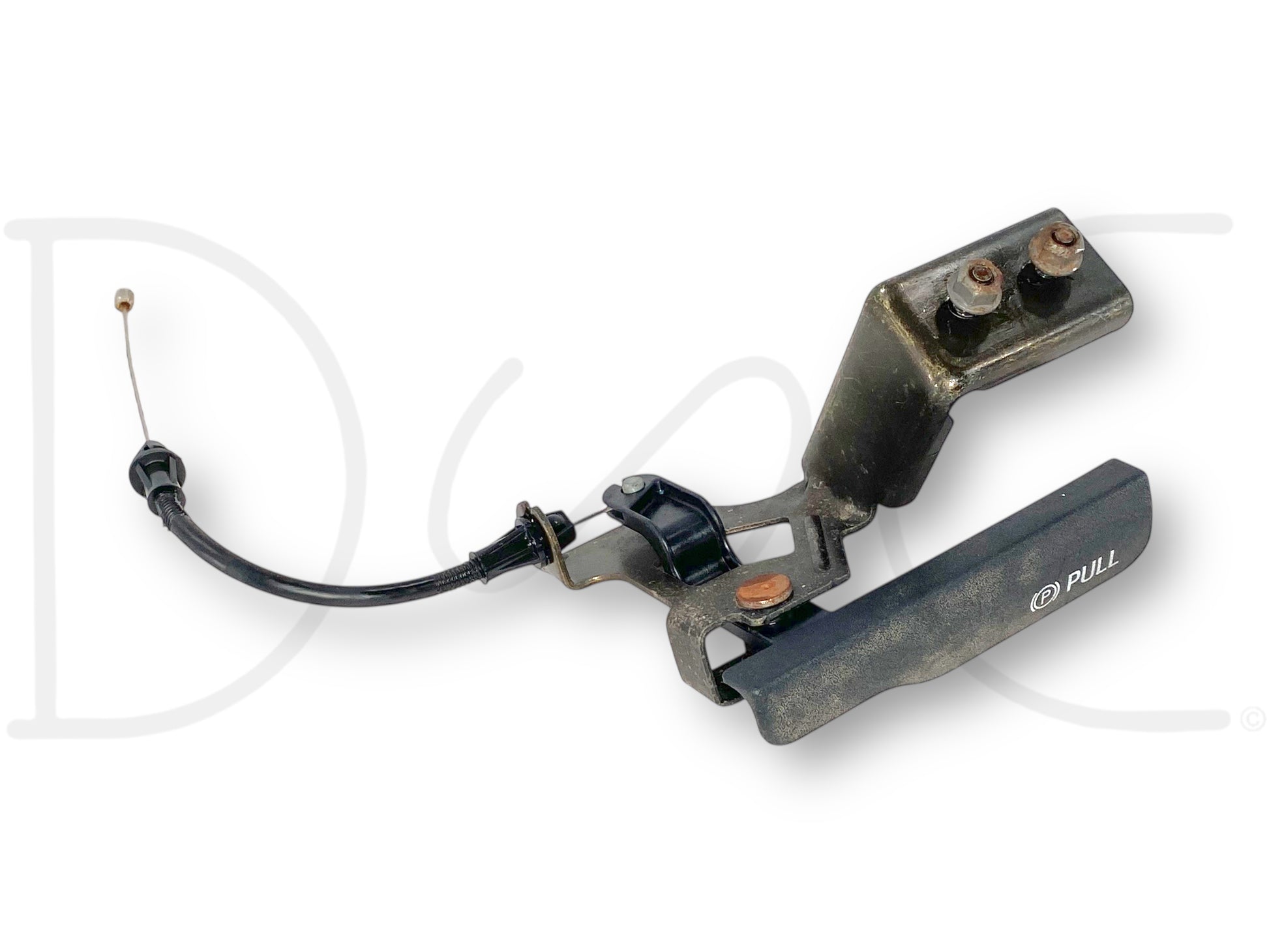 99-04 Ford F250 F350 Parking Emergency Brake Release Lever Handle Cable OE, used condition with light wear, removed from 2004 Ford F-350 Lariat 6.0L Diesel, featuring a black release lever with pull text and attached cable assembly.