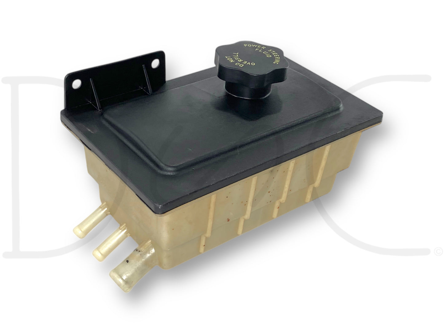 03-04 Ford F250 F350 6.0L Power Steering Fluid Reservoir 3 Port 3C34-3R700-Ae, used with light wear, featuring a black cap and beige reservoir tank designed for 2003-2004 Ford Super Duty trucks with 6.0 powerstroke engines.