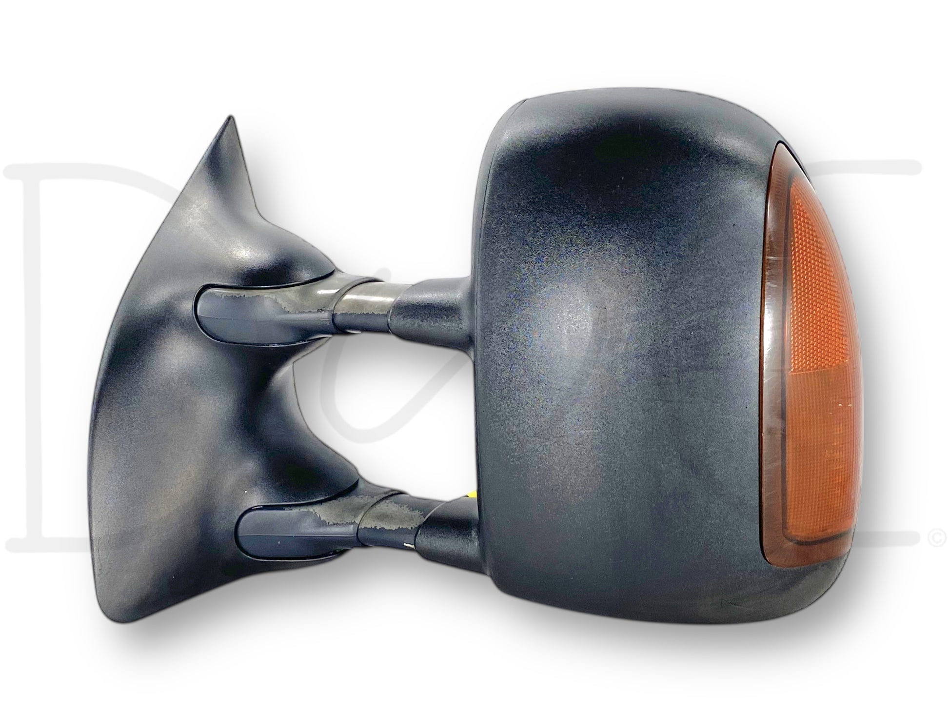 02-07 Ford F250 F350 LH Left Driver Tow Mirror Power Heat Signal OEM with a black housing and an amber signal lens, designed for 2002-2007 Ford Super Duty trucks, showing light wear, scratches, and fading consistent with used condition from a 2004 Ford F-350 Lariat 6.0L diesel.