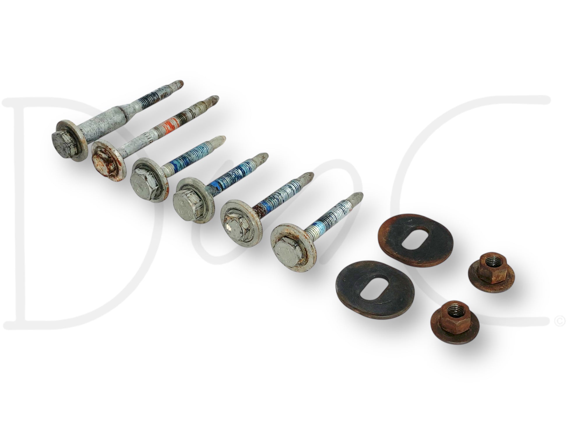 00-07 Ford F250 F350 Super Duty Crew Cab Mount Mounting Bolts OE Bolt Set showing used mounting bolts and nuts with light wear and original thread sealant, compatible with 2000-2007 Ford Super Duty trucks including 6.0L Powerstroke models.