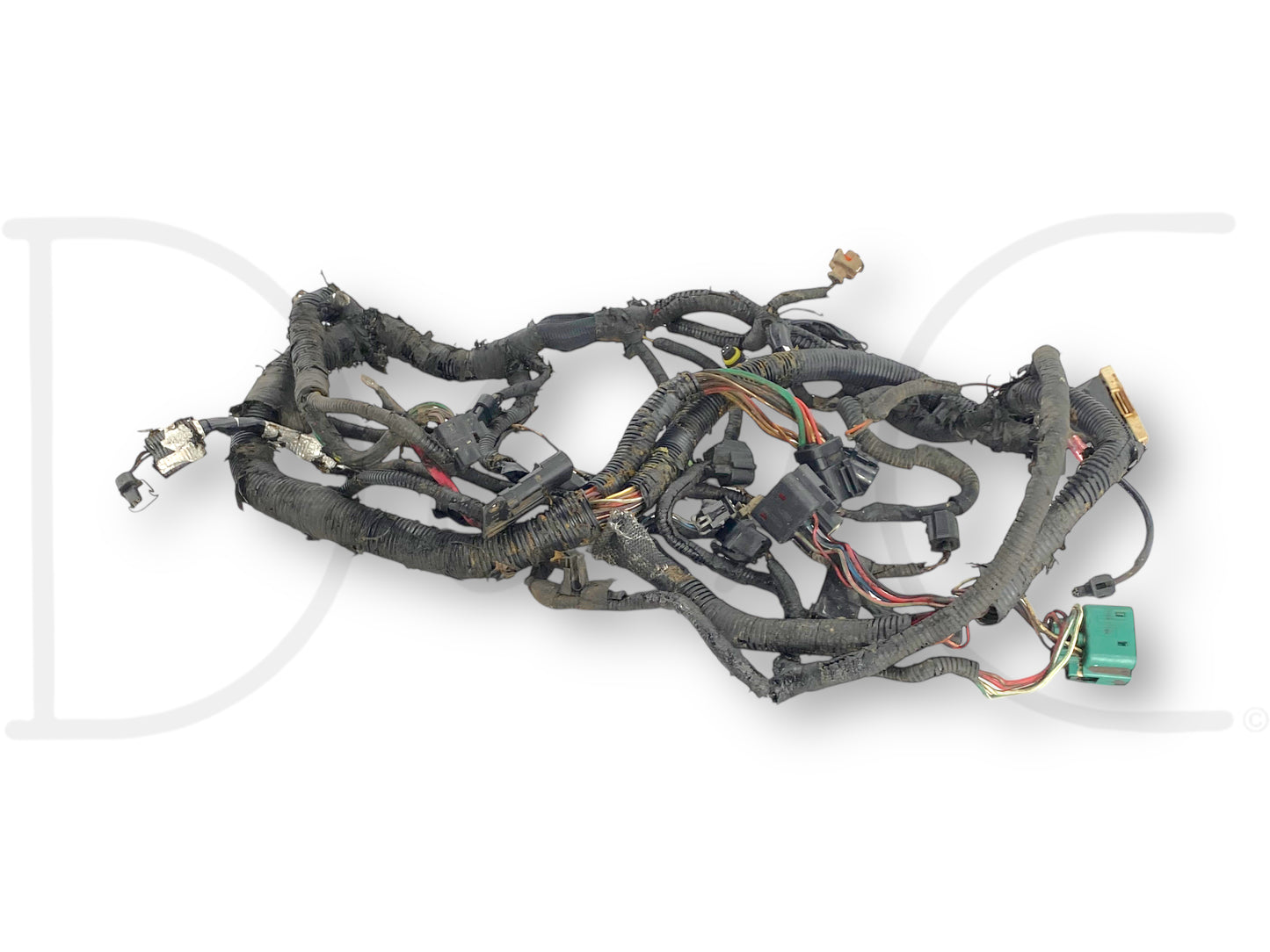 2004 Ford F250 F350 6.0 6.0L Diesel Engine Wiring Harness *For Parts Or Repair* showing used, damaged wiring with multiple broken clips, fan clutch plug cut, and various electrical connectors, suitable for 2004 Ford F-250, F-350, F-450, and F-550 diesel trucks.