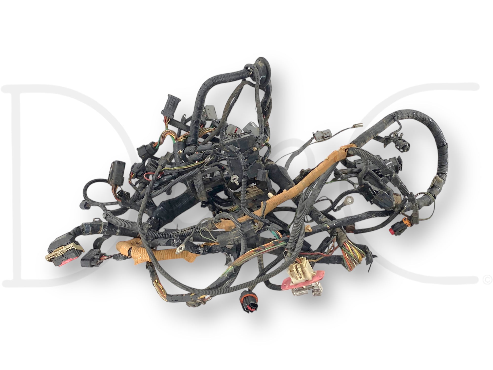 Used good condition 2004 Ford F250 F350 6.0 Front Body Engine Bay Wiring Harness 4C3T-12A581-Amf with light wear and slight hood light pigtail blemish near plug, compatible with 2004 F-250, F-350, F-450, and F-550 diesel trucks, ideal for reliable OE super duty parts replacement.