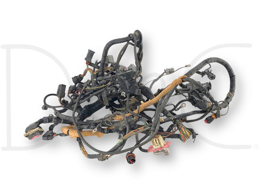 Used good condition 2004 Ford F250 F350 6.0 Front Body Engine Bay Wiring Harness 4C3T-12A581-Amf with light wear and slight hood light pigtail blemish near plug, compatible with 2004 F-250, F-350, F-450, and F-550 diesel trucks, ideal for reliable OE super duty parts replacement.