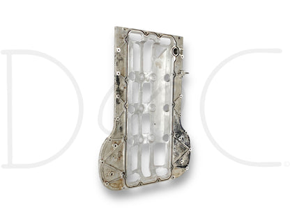 03-07 Ford F250 F350 6.0 6.0L Diesel Upper Oil Pan Baffle Plate OE 1843446C1 used part with light wear, removed from a 2004 Ford F-350 Lariat 6.0L Diesel, suitable for 2003-2007 F-250, F-350, F-450, and F-550 trucks.