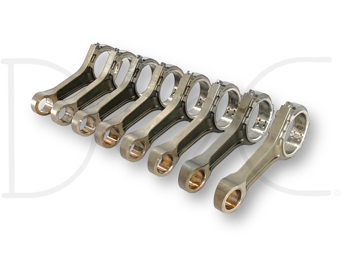 03-07 Ford 6.0 6.0L Powerstroke Diesel Connecting Rods OE Rod Set (8) 1834675C1 arranged in a row, showcasing used but good condition diesel engine parts for Ford Super Duty trucks including F-250, F-350, and Excursion models.