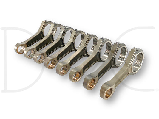 03-07 Ford 6.0 6.0L Powerstroke Diesel Connecting Rods OE Rod Set (8) 1834675C1 arranged in a row, showcasing used but good condition diesel engine parts for Ford Super Duty trucks including F-250, F-350, and Excursion models.