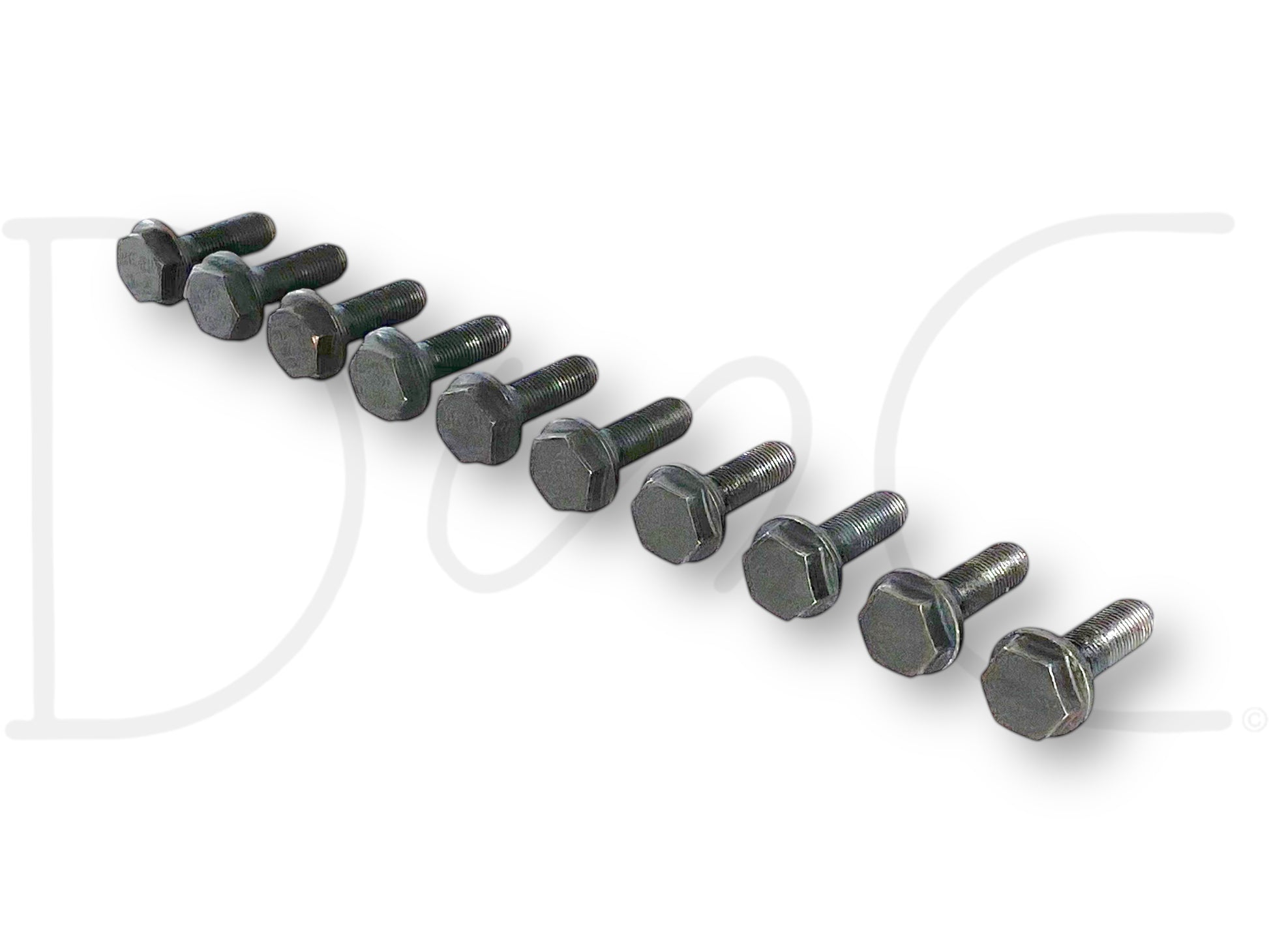 Set of ten used good condition black bolts arranged in a row, identified as 03-07 Ford F250 F350 6.0 6.0L Diesel Flex Plate Flexplate Bolts Bolt Set (10), suitable for Ford Super Duty trucks including F-250, F-350, F-450, and F-550 models with 6.0 Powerstroke engines.