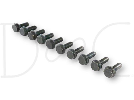 Set of ten used good condition black bolts arranged in a row, identified as 03-07 Ford F250 F350 6.0 6.0L Diesel Flex Plate Flexplate Bolts Bolt Set (10), suitable for Ford Super Duty trucks including F-250, F-350, F-450, and F-550 models with 6.0 Powerstroke engines.