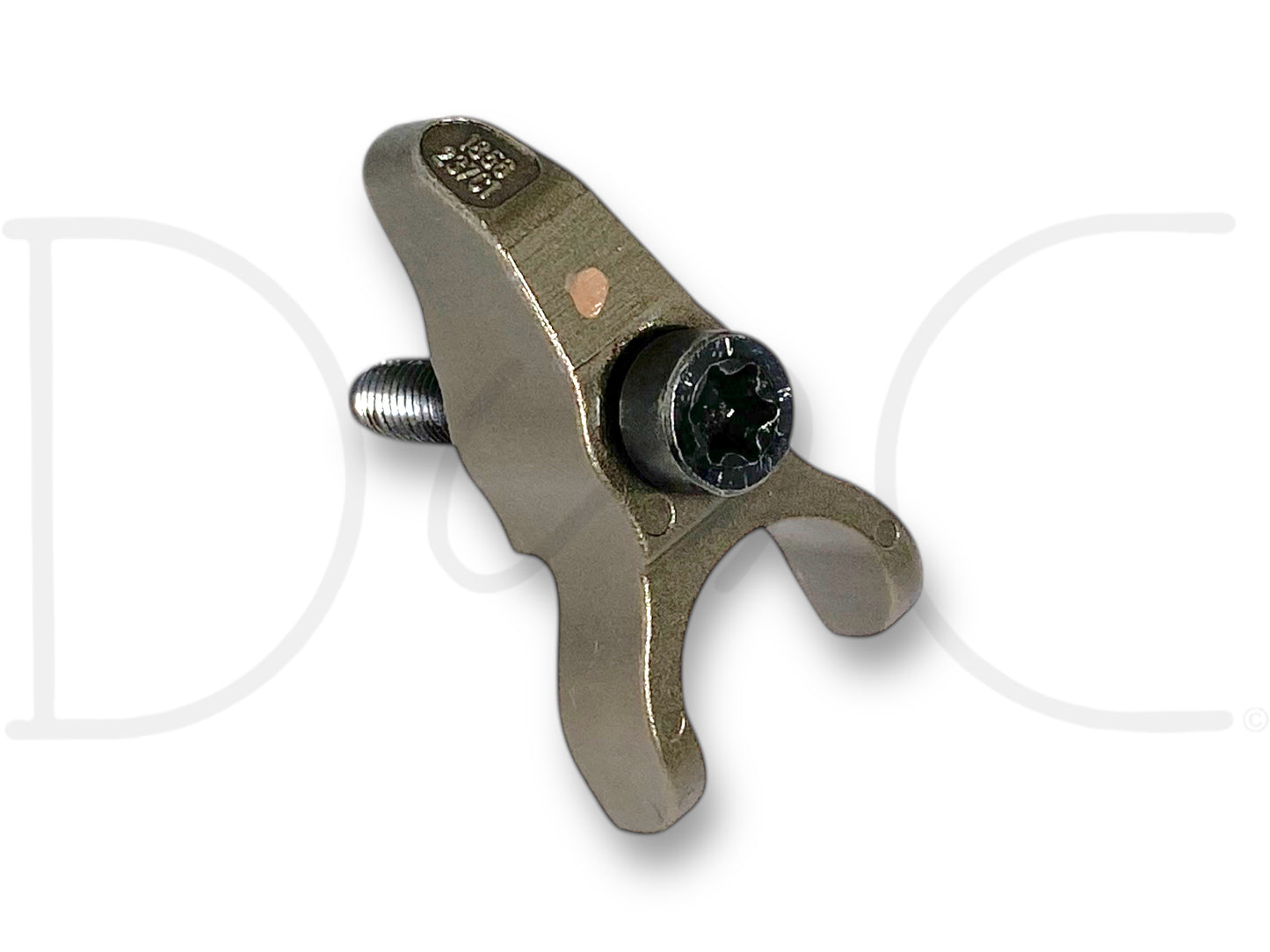 06-07 Ford 6.0 6.0L Diesel T45 Fuel Injector Retainer Hold Down Clamp 1856237C1, used with light wear, made of metal with a bolt and screw, compatible with 2003-2005 Ford F-250, F-350, F-450, and F-550 trucks, suitable for Powerstroke diesel engines.